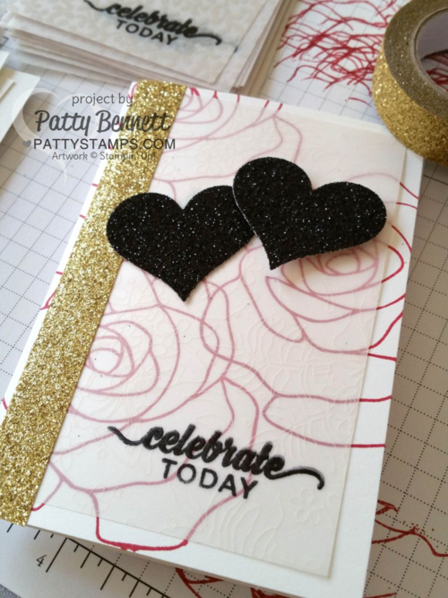 Stampin' UP! Botanical Gardens vellum overlay on Rose Wonder bridal shower invitation cards, featuring black glimmer paper and gold Metallic Glitter tape. Stampin' UP! Botanical Gardens vellum overlay on Rose Wonder bridal shower invitation cards, featuring black glimmer paper and gold Metallic Glitter tape.