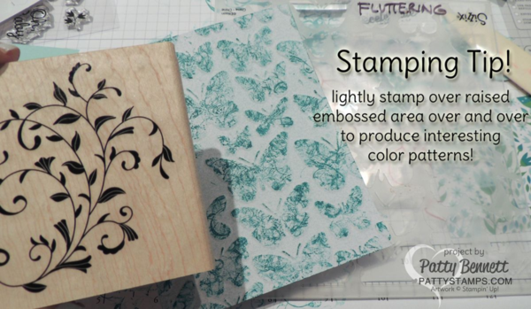 Stampin' UP! March 2016 Paper Pumpkin kit alternate card design idea with Fluttering Embossing folder by Patty Bennett