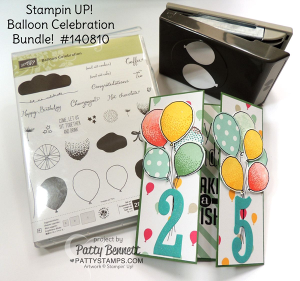 Personalized 25th birthday card featuring Stampin' UP! Large Number framelits and balloon celebration balloon stamps and matching punch, Gate Fold Card by Patty Bennett