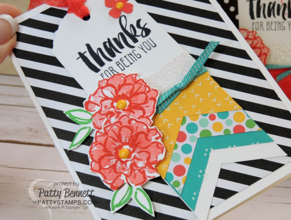 Tag Card created with the Stampin' UP! Banner Triple Punch and Ornate Tag Topper Punch. Cherry on Top paper and Neutrals black and white backgrounds make the cards pop! Sale a Bration "What I Love" flower stamped in Watermelon Wonder ink by Patty Bennett Tag Card created with the Stampin' UP! Banner Triple Punch and Ornate Tag Topper Punch. Cherry on Top paper and Neutrals black and white backgrounds make the cards pop! Sale a Bration "What I Love" flower stamped in Watermelon Wonder ink by Patty Bennett