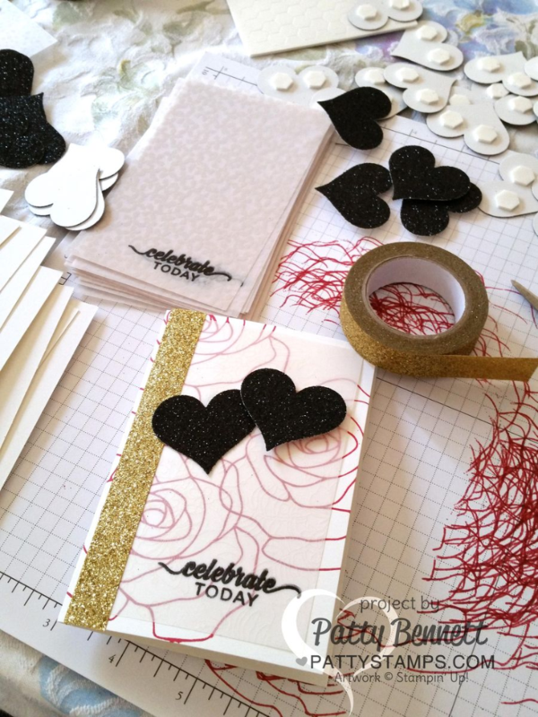 Stampin' UP! Botanical Gardens vellum overlay on Rose Wonder bridal shower invitation cards, featuring black glimmer paper and gold Metallic Glitter tape. Stampin' UP! Botanical Gardens vellum overlay on Rose Wonder bridal shower invitation cards, featuring black glimmer paper and gold Metallic Glitter tape.