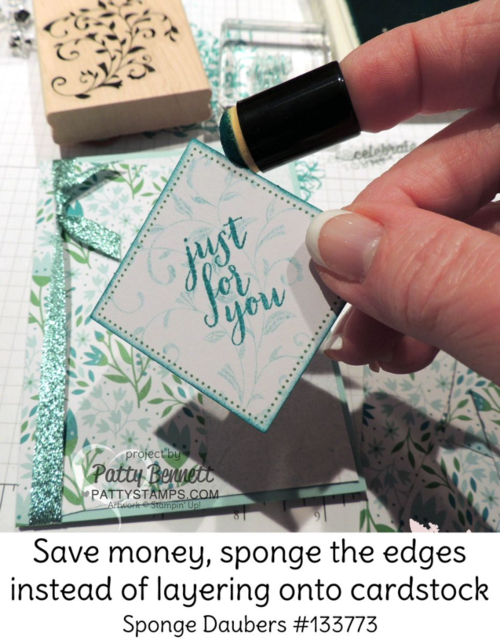 Stampin' UP! March 2016 Paper Pumpkin kit alternate card design idea - TIP: sponge cardstock edges instead of layering it onto another piece of cardstock -  by Patty Bennett