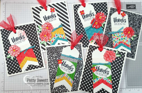 Tag Cards created with the Stampin' UP! Banner Triple Punch and Ornate Tag Topper Punch. Cherry on Top paper and Neutrals black and white backgrounds make the cards pop! Sale a Bration "What I Love" flower stamped in Watermelon Wonder ink by Patty Bennett Tag Cards created with the Stampin' UP! Banner Triple Punch and Ornate Tag Topper Punch. Cherry on Top paper and Neutrals black and white backgrounds make the cards pop! Sale a Bration "What I Love" flower stamped in Watermelon Wonder ink by Patty Bennett