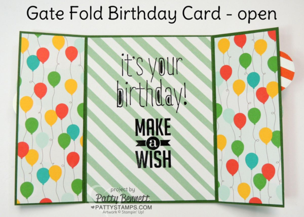 Personalized 25th birthday card featuring Stampin' UP! Large Number framelits and balloon celebration balloon stamps and matching punch, Gate Fold Card by Patty Bennett