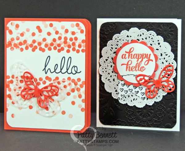 Lovely Lace embossing folder background card and Dotty Angles hello card - both using up "left over" pieces to create happy, fun bright greeting cards!