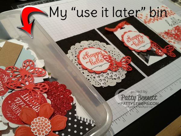 Lovely Lace embossing folder background card and Dotty Angles hello card - both using up "left over" pieces to create happy, fun bright greeting cards!
