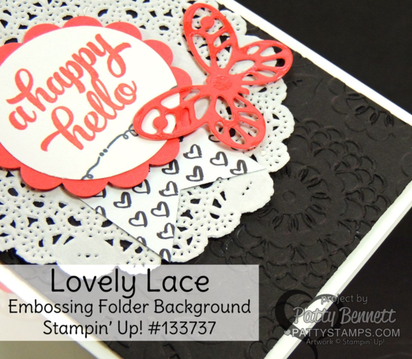 Lovely Lace embossing folder background card and Dotty Angles hello card - both using up "left over" pieces to create happy, fun bright greeting cards!