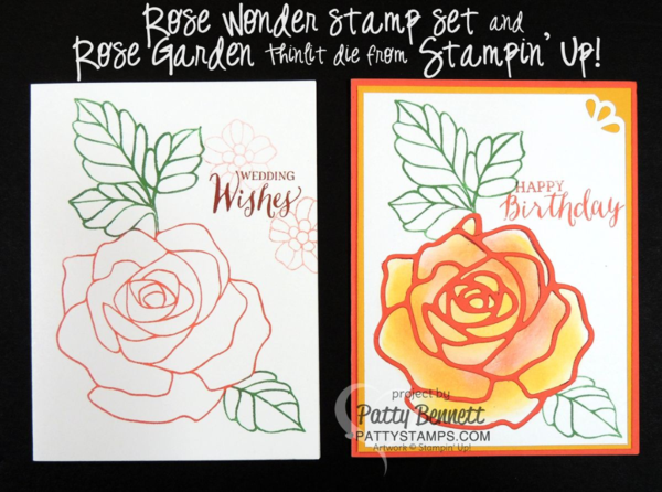 Flower cards featuring the Rose Garden thinlit big shot die from Stampin' UP! and the Rose Wonder Stamp set - new in the 2016 Occasions catalog..  by Patty Bennett at pattystamps.com 