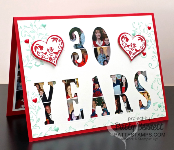 30th anniversary card featuring Stampin' UP! large letter and large number framelits, die cut with my Big Shot. Stamped with First Sight stamp set, by Patty Bennett