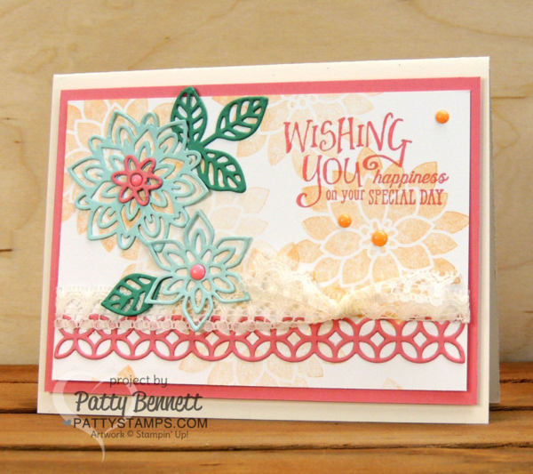 Stampin' Up! Flourishing Phrases flower card featuring Flourish Thinlit flowers, new 2016 In Colors, Flirty Flamingo ribbon, and new Vanilla Lace Trim by Patty Bennett at pattystamps.com Stampin' Up! Flourishing Phrases flower card featuring Flourish Thinlit flowers, new 2016 In Colors, Flirty Flamingo ribbon, and new Vanilla Lace Trim by Patty Bennett at pattystamps.com