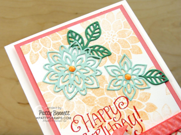 Stampin' Up! Flourishing Phrases flower birthday card featuring Flourish Big Shot Thinlits, new 2016 In Colors, Flirty Flamingo ribbon, and new Flourish Thinlit flowers by Patty Bennett at pattystamps.com Stampin' Up! Flourishing Phrases flower birthday card featuring Flourish Big Shot Thinlits, new 2016 In Colors, Flirty Flamingo ribbon, and new Flourish Thinlit flowers by Patty Bennett at pattystamps.com