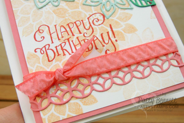 Stampin' Up! Flourishing Phrases flower birthday card featuring new 2016 In Colors, Flirty Flamingo ribbon, by Patty Bennett at pattystamps.com Stampin' Up! Flourishing Phrases flower birthday card featuring new 2016 In Colors, Flirty Flamingo ribbon, by Patty Bennett at pattystamps.com