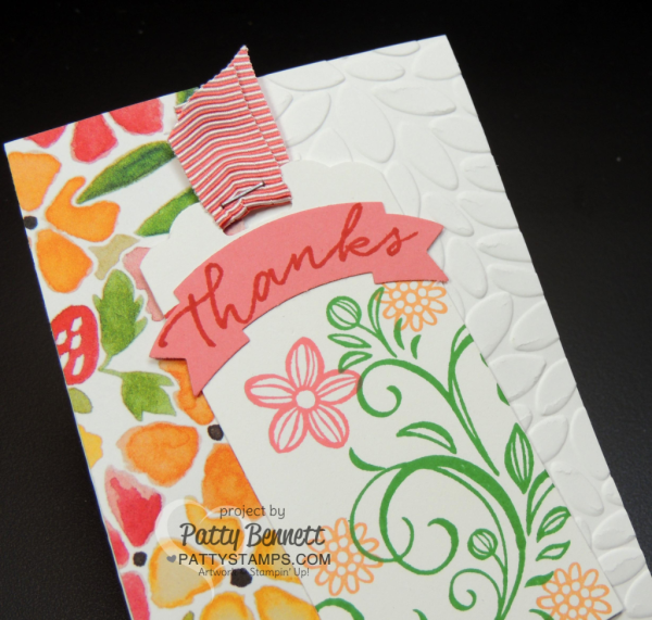 Petal Burst embossing folder note cards featuring Stampin' UP! Fruit Stand paper, Falling Flowers stamp set and Stampin' UP! In Colors.  by Patty Bennett at pattystamps.com  