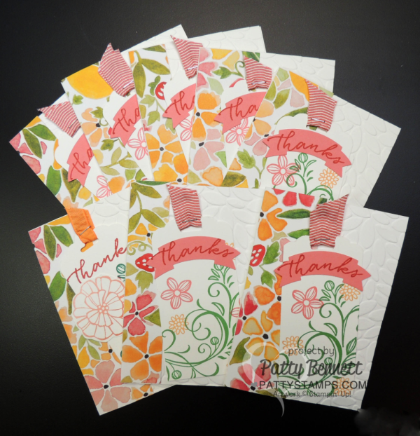Petal Burst embossing folder note cards featuring Stampin' UP! Fruit Stand paper, Falling Flowers stamp set and Stampin' UP! In Colors.  by Patty Bennett at pattystamps.com  