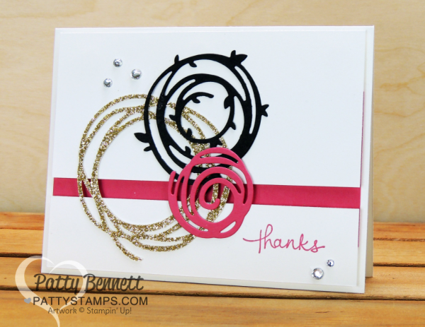 Clean and Simple CAS Swirly Scribbles Stampin' UP! note card featuring gold glimmer, basic black and Melon Mambo color combo. 