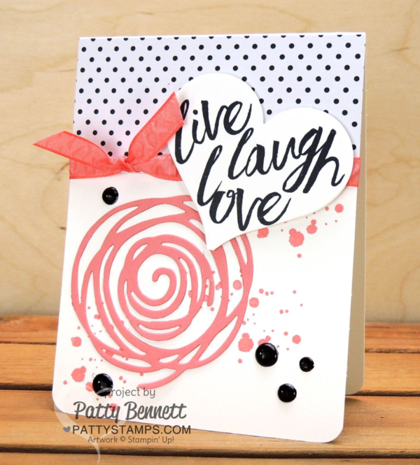 Swirly Scribbles framelits from Stampin' UP! in the new 2016-2018 In Colors.  Swirly Bird and Layering Love stamp sets, White Perfect Accents and In Color ribbon complete this card by Patty Bennett