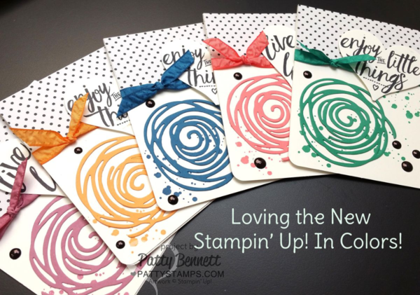 Swirly Scribbles framelits from Stampin' UP! in the new 2016-2018 In Colors.  Swirly Bird and Layering Love stamp sets, White Perfect Accents and In Color ribbon complete these cards by Patty Bennett
