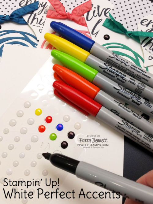 White Perfect Accent enamel dots colored with Sharpie markers - create your own custom crafting embellishments!  Click Shop Online at www.PattyStamps.com and order #138416