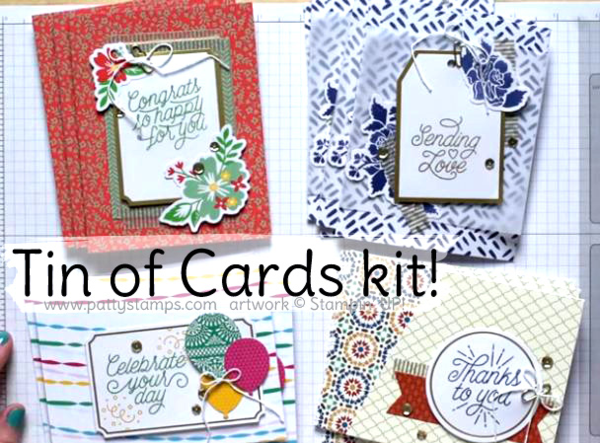 Stampin UP! Tin of Cards kit creates 16 handmade cards tht store easily in a beautiful striped tin!  click shop online at www.pattystamps.com and enter item #141651