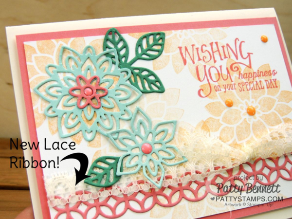 Stampin' Up! Flourishing Phrases flower card featuring Flourish Thinlit flowers, new 2016 In Colors, Flirty Flamingo ribbon, and new Vanilla Lace Trim by Patty Bennett at pattystamps.com Stampin' Up! Flourishing Phrases flower card featuring Flourish Thinlit flowers, new 2016 In Colors, Flirty Flamingo ribbon, and new Vanilla Lace Trim by Patty Bennett at pattystamps.com
