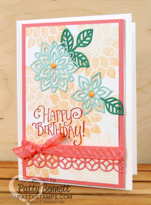 Stampin' Up! Flourishing Phrases flower birthday card featuring new 2016 In Colors, Flirty Flamingo ribbon, and new Flourish Thinlit flowers by Patty Bennett at pattystamps.com Stampin' Up! Flourishing Phrases flower birthday card featuring new 2016 In Colors, Flirty Flamingo ribbon, and new Flourish Thinlit flowers by Patty Bennett at pattystamps.com