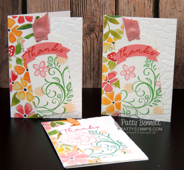 Petal Burst embossing folder note cards featuring Stampin' UP! Fruit Stand paper, Falling Flowers stamp set and Stampin' UP! In Colors.  by Patty Bennett at pattystamps.com  