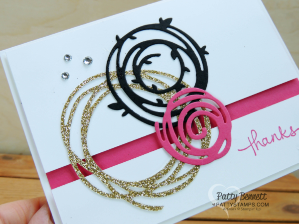 Clean and Simple CAS Swirly Scribbles Stampin' UP! note card featuring gold glimmer, basic black and Melon Mambo color combo. 