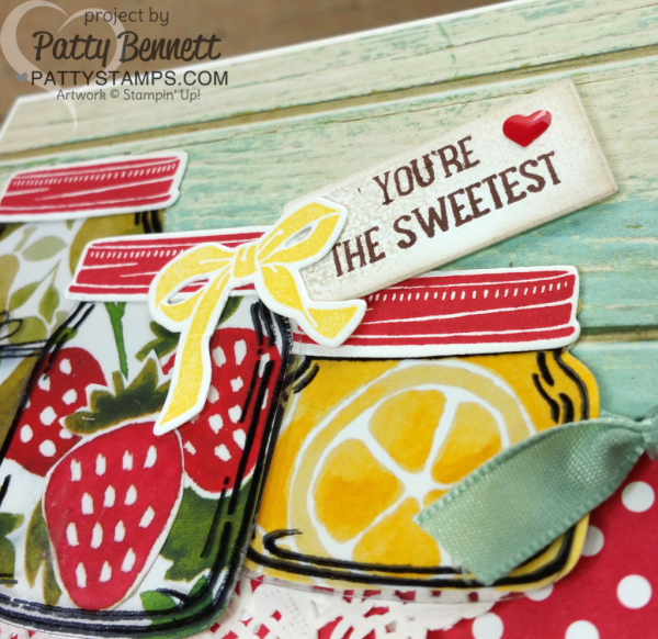 Jar of Love canning jars stamped card by Patty Bennett featuring Fruit Stand paper, and Serene Scenery background paper. Supplies available online: click shop online at www.PattyStamps.com
