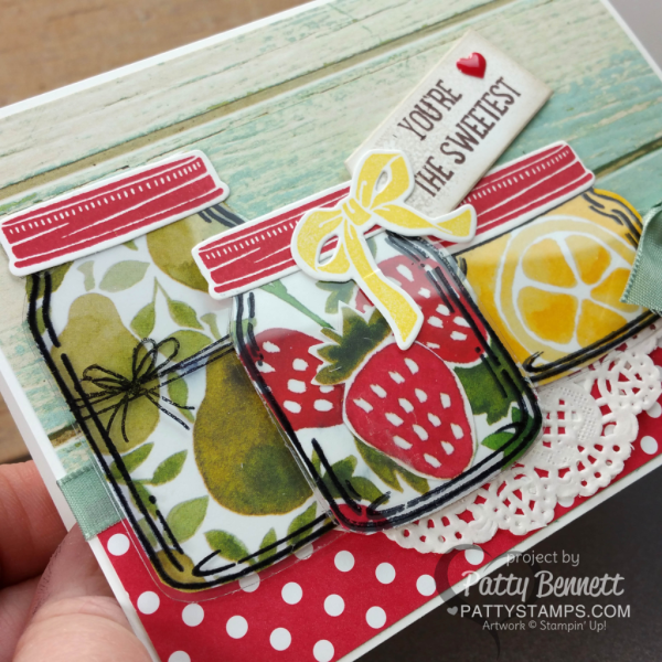 Window Sheet Jars over Jar of Love canning jars stamped card by Patty Bennett featuring Fruit Stand paper, and Serene Scenery background paper. Supplies available online: click shop online at www.PattyStamps.com
