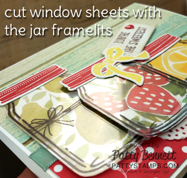 Die Cut window sheets with the Everyday Jars framelits for this Jar of Love canning jars stamped card by Patty Bennett featuring Fruit Stand paper, and Serene Scenery background paper. Supplies available online: click shop online at www.PattyStamps.com
