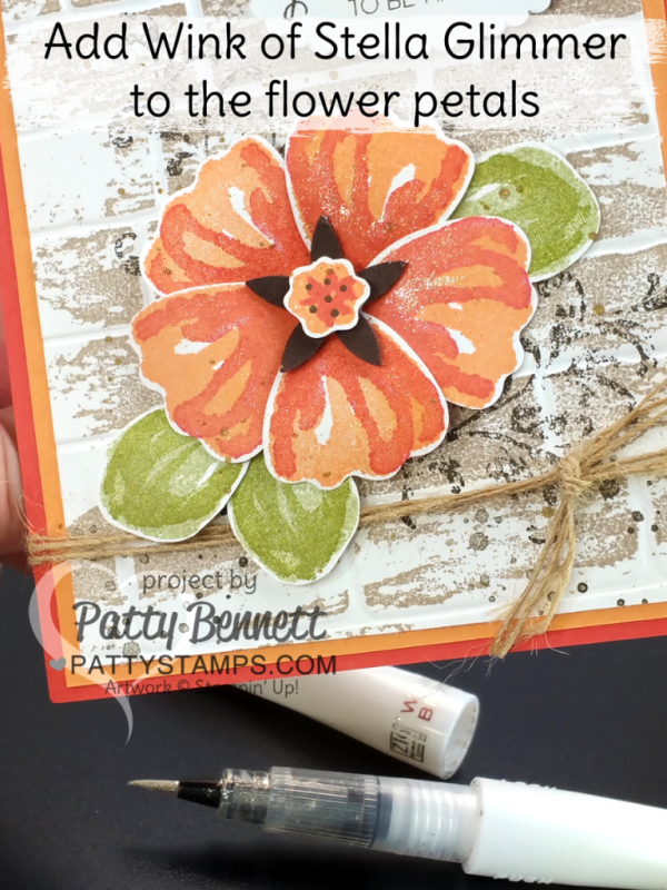 Use Wink of Stella to enhance this Bunch of Blossoms flower petals and Brick embossing folder card by Patty Bennett & Cindee Wilkinson. Stamp Watercolor Wash background over the embossed brick for a unique look!