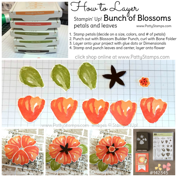 How to layer Bunch of Blossoms stamped images and punch with the Blossom Builder punch.  Tutorial by Patty Bennett www.PattyStamps.com 