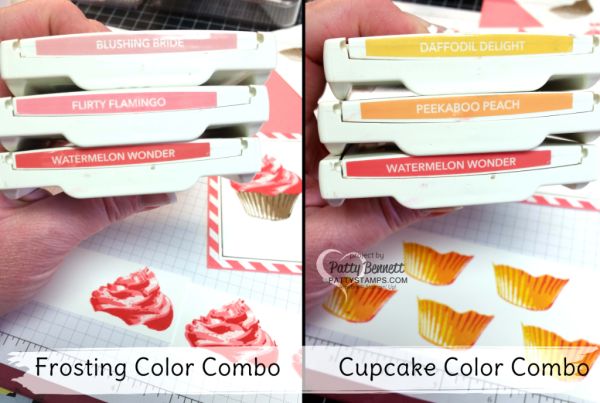Perfect Stampin Up! color combos for stamping the frosting and cupcakes for the Sweet Cupcake bundle card with frosting! Stampin' UP! ink, stamps, paper and accessories available at pattystamps.com