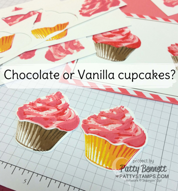 Stamp chocolate or vanilla cupcakes for the Sweet Cupcake bundle card with frosting! Stampin' UP! ink, stamps, paper and accessories available at pattystamps.com