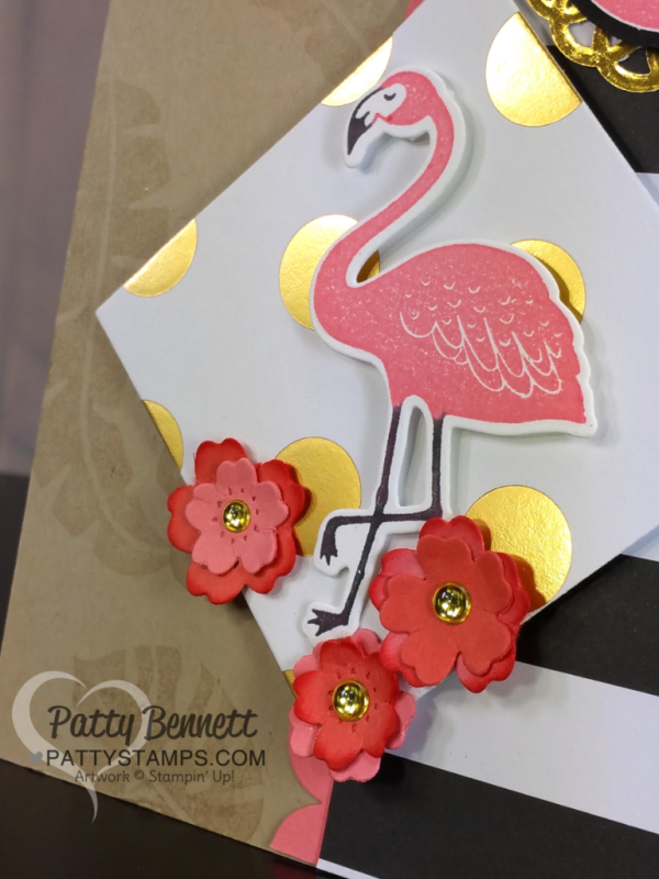 Pop of Paradise Stampin' Up! Flamingo card with gold doily and gold metallic shape accents - designed by Cindee, stamped by Patty Bennett