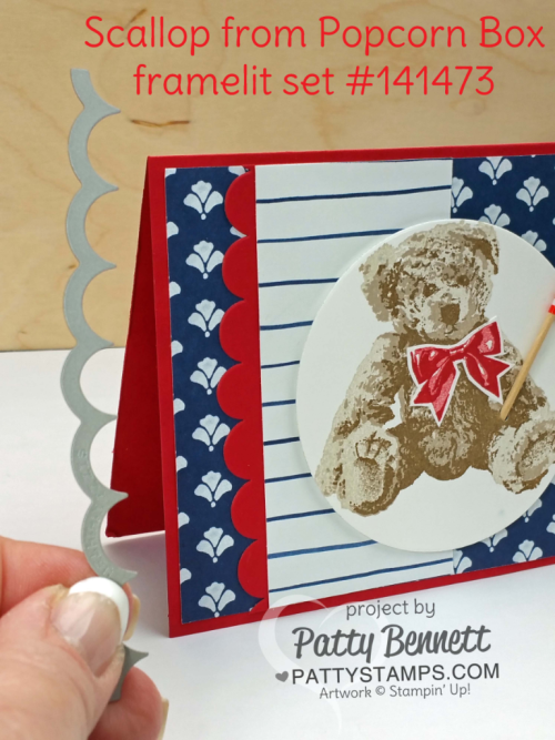 Baby Bear 4th of July patriotic card with 3-step stamping. Floral Boutique paper and red scallop from the popcorn box framelit set complete this sweet card by Patty Bennett