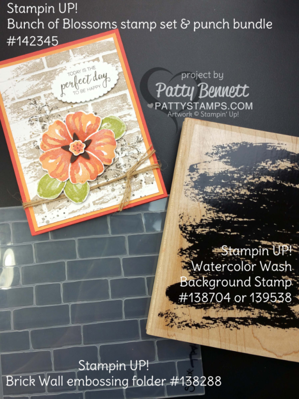 Bunch of Blossoms flower petals and Brick embossing folder card by Patty Bennett & Cindee Wilkinson. Stamp Watercolor Wash background over the embossed brick for a unique look!