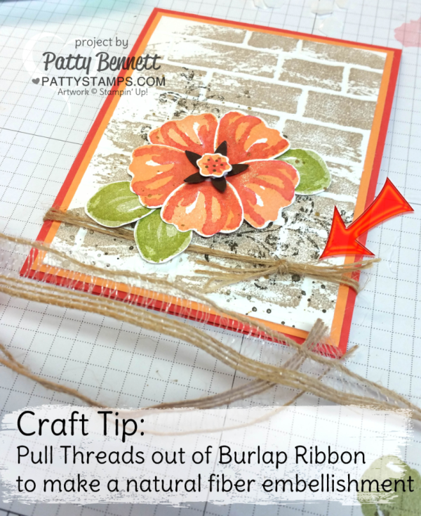 Use strands from Burlap Ribbon on this Bunch of Blossoms flower petals and Brick embossing folder card by Patty Bennett & Cindee Wilkinson. Stamp Watercolor Wash background over the embossed brick for a unique look!