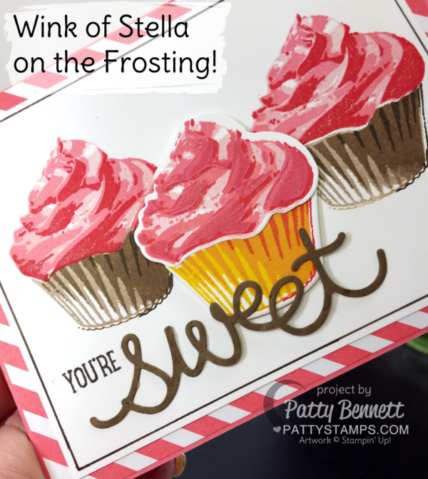 Use the Clear Wink of Stella glimmer pen on your Sweet Cupcake bundle card with frosting! Stampin' UP! ink, stamps, paper and accessories available at pattystamps.com