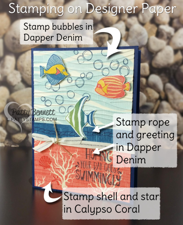 Stamp on the By the Shore designer series paper from Stampin' UP! to create totally custom designs for this nautical fish card by Patty Bennett. Featuring the Seaside Shore stamp set and Seaside embossing folder. Stamp on the By the Shore designer series paper from Stampin' UP! to create totally custom designs for this nautical fish card by Patty Bennett. Featuring the Seaside Shore stamp set and Seaside embossing folder.