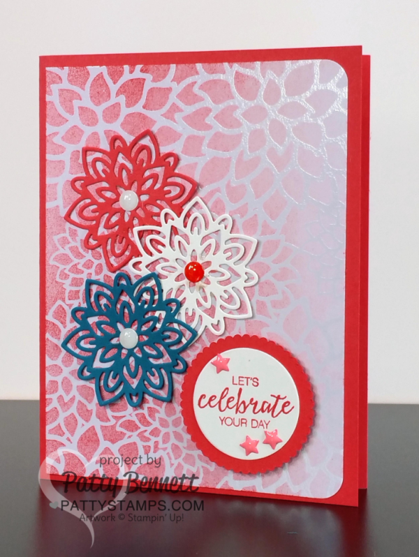 Handmade Celebrate your Day card featuring Stampin Up! Irresistibly Floral paper and Flourish Thinlits big shot dies by patty Bennett