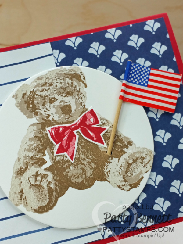 Baby Bear 4th of July patriotic card with 3-step stamping. Floral Boutique paper and red scallop from the popcorn box framelit set complete this sweet card by Patty Bennett