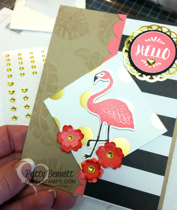Pop of Paradise Stampin' Up! Flamingo card with gold doily and gold metallic shape accents - designed by Cindee, stamped by Patty Bennett