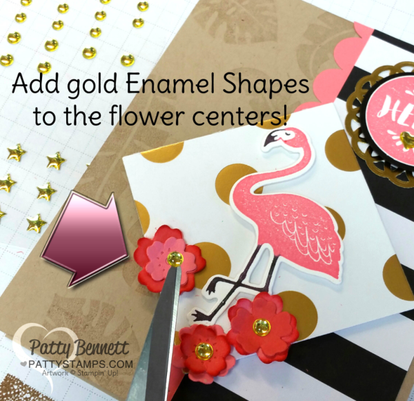 Add Gold Metallic enamel shapes to the center of die cut or punched flowers for a pop of glitz and glam!  Pop of Paradise flamingo Stampin' Up! Card. 