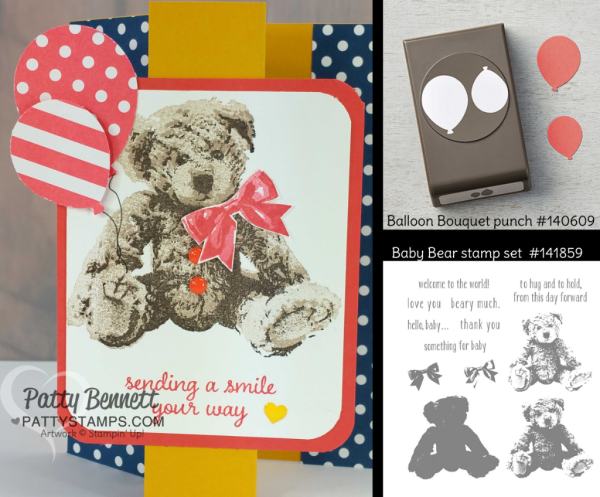 Baby Bear Z Fold card featuring Stampin' UP! Balloon Bouquet punch, stamp sets, ink and paper by Patty Bennett at pattystamps.com