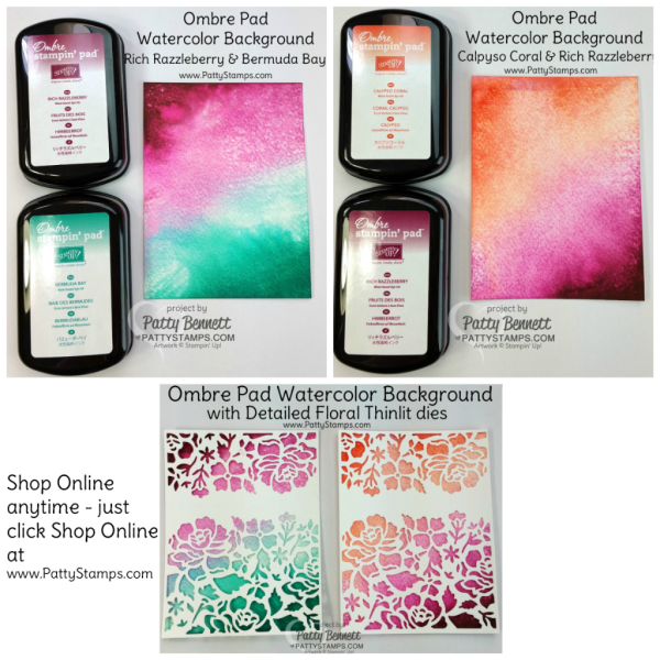 Ombre ink pads from Stampin' Up! - video tutorial: How to create an easy watercolor wash background for your card!  Layer with Detailed Floral Thinlit big shot dies and Sunshine Wishes thinlits. Card and tutorial by Patty Bennett at pattystamps.com