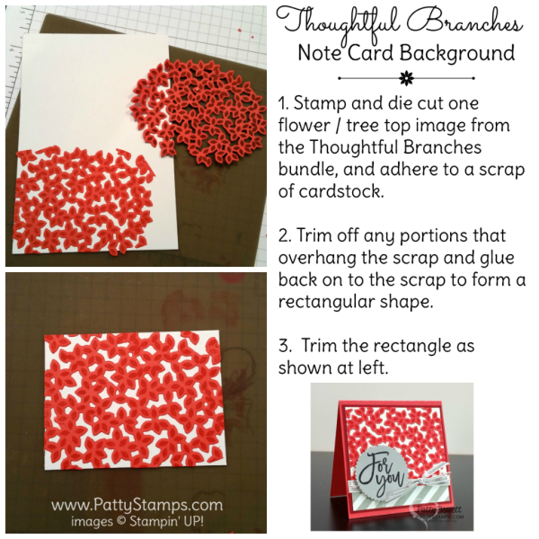 Create a fun background  with the Thoughtful Branches die cut for this 3x3 notecard by Patty Bennett featuring Stampin' UP! bundle, paper, and accessories available at www.pattystamps.com 