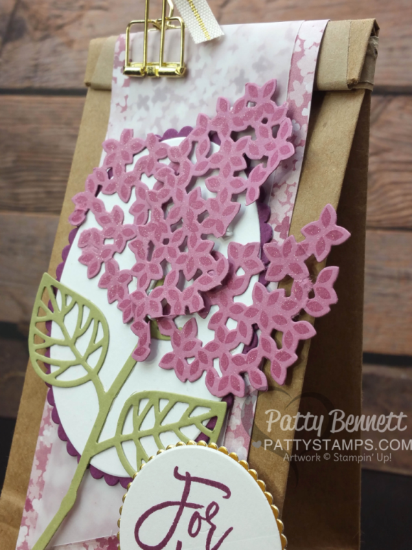 Thoughtful Branches gift bag with Sweet Sugarplum ink and Blooms & Bliss paper from Stampin' UP!. Hydrangea flowers accented with Wink of Stella glimmer pen. Great DIY gift bag for crafters!