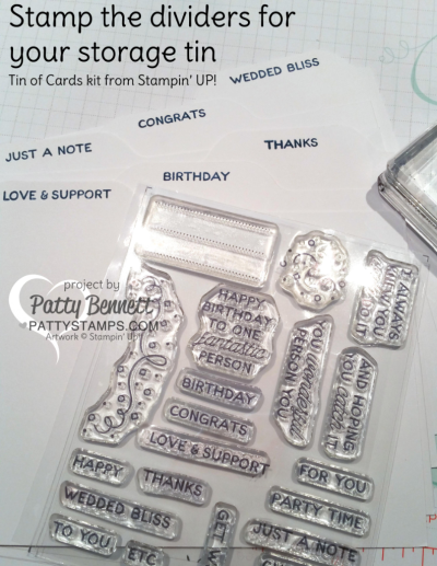 create dividers for your storage tin for the Stampin' Up! Tin of Cards kit creates 16 cards - complete with so many fun embellishments!  order #141651 - click shop online at www.pattystamps.com