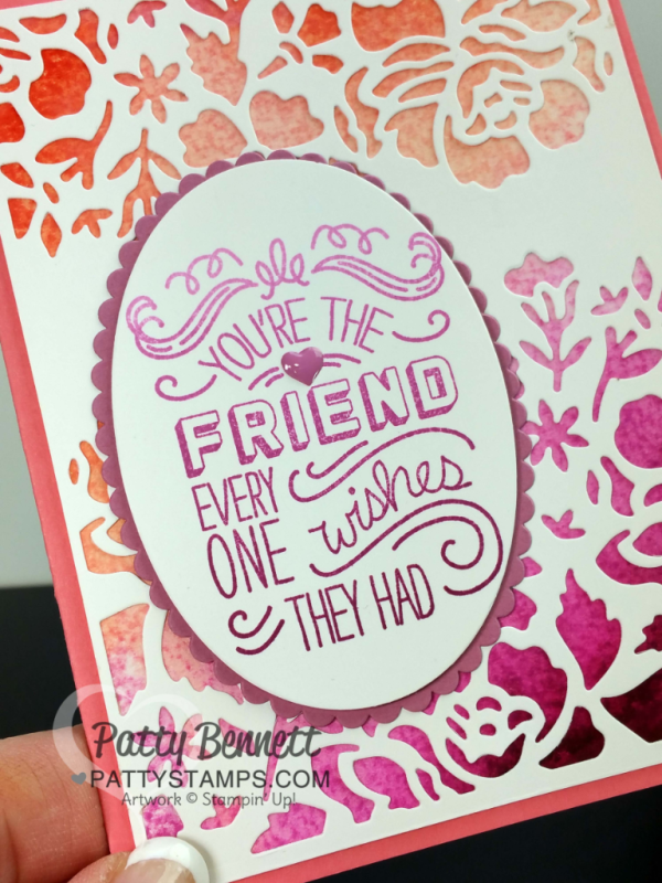 Love the Enamel Shape heart in the Friendly Words  image! Ombre ink pads from Stampin' Up! - video tutorial: How to create an easy watercolor wash background for your card!  Layer with Detailed Floral Thinlit big shot dies. Card and tutorial by Patty Bennett at pattystamps.com